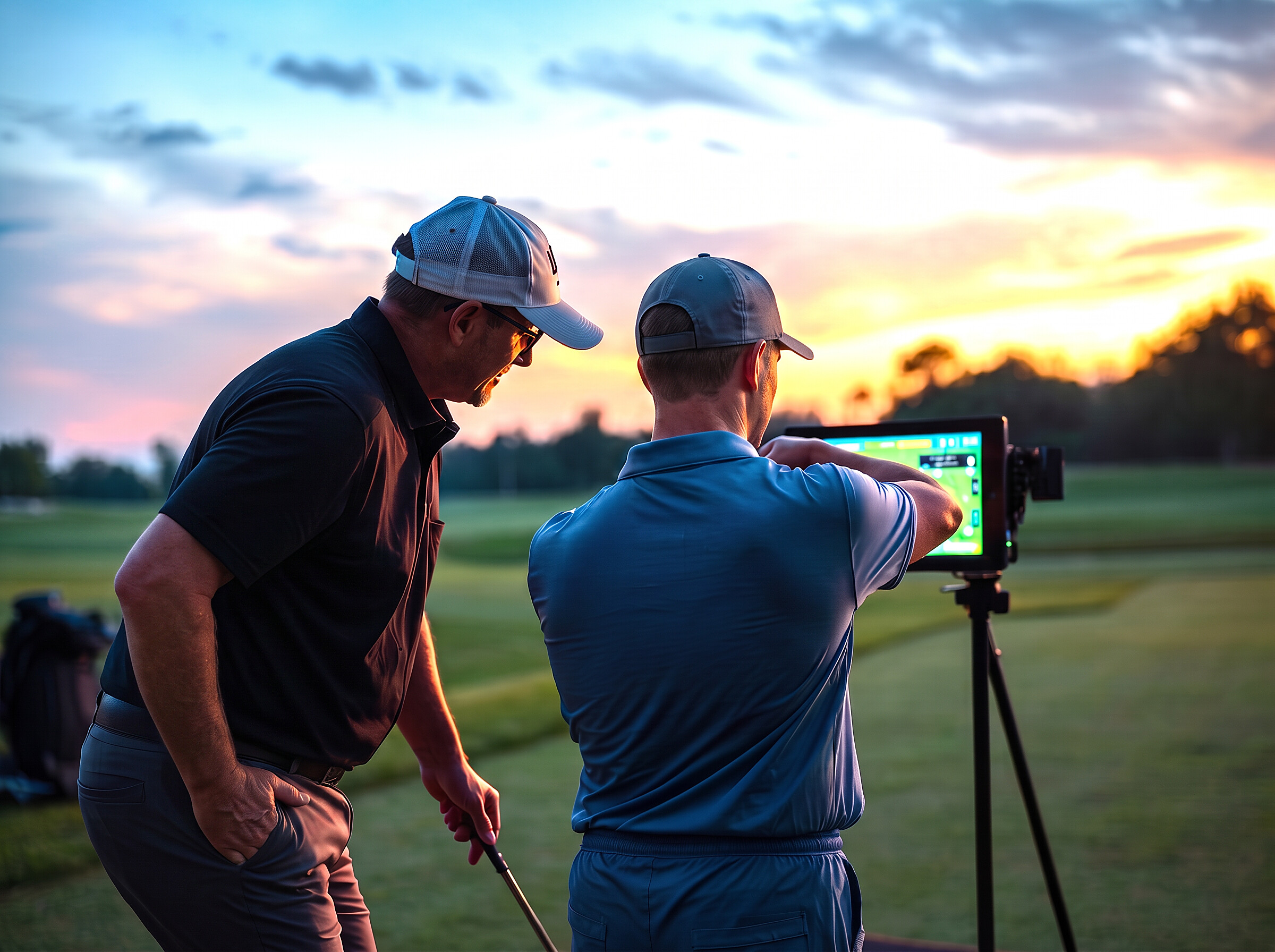 Golf coach reviewing swing data on a driving range at dusk